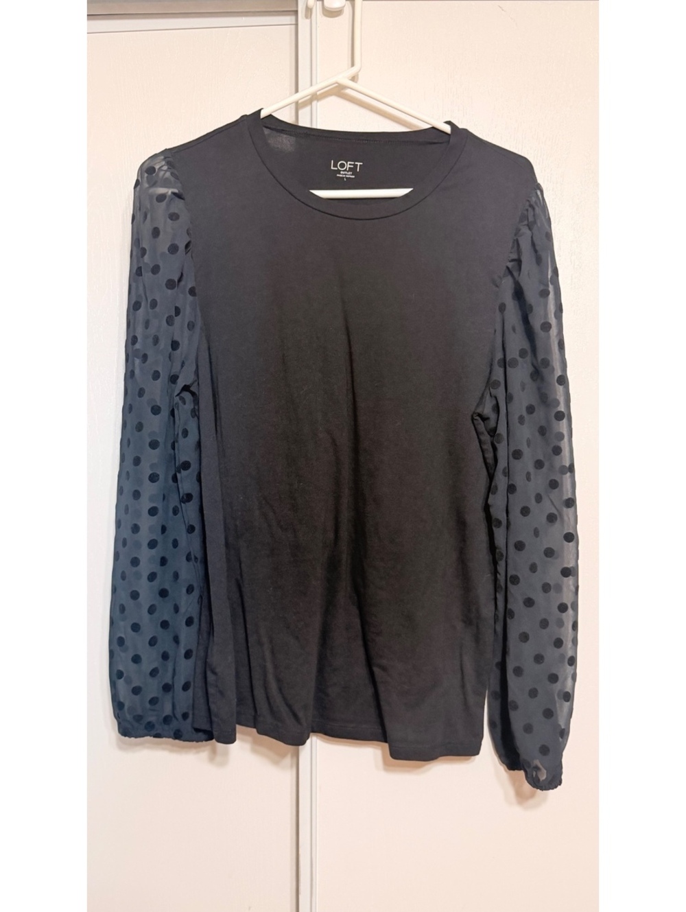 LOFT Outlet Black Long Sleeve Top with Sheer Polka Dot Sleeves, Size Large